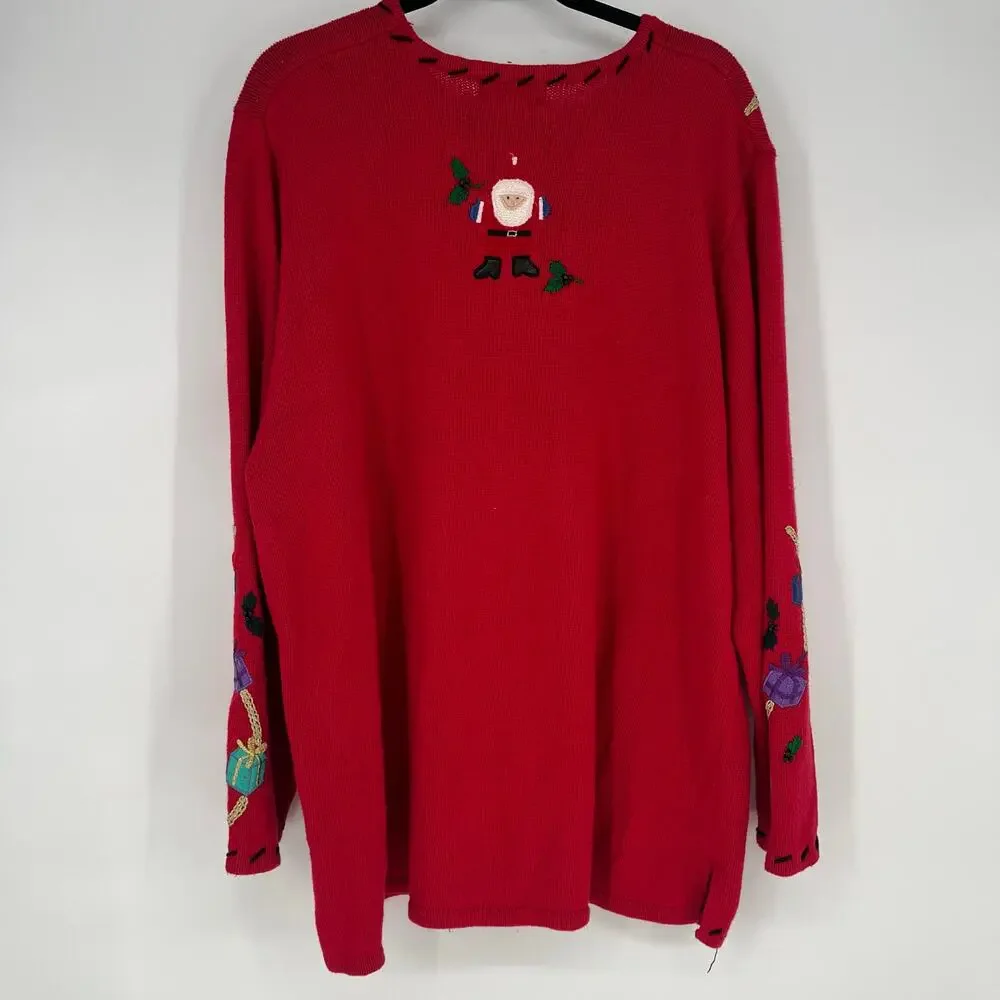 Vintage Red Christmas Sweater Embroidered Santa Toys Gifts Holiday Pullover